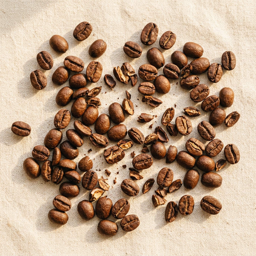 Granos de café de especialidad peruano sobre superficie de lino natural